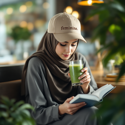 Woman in hijab reading a book with a glass of green juice in a cafe.